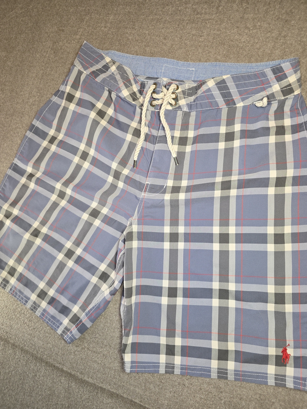 Polo by Ralph Lauren Blue Plaid Swim Shorts with Red Pony Mens 34